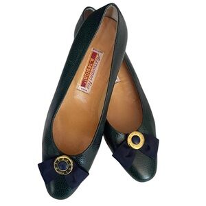 A Testoni Shoes Womens 37 US 6.5 Green & Black Leather Y2K Block Heels Pumps Vtg